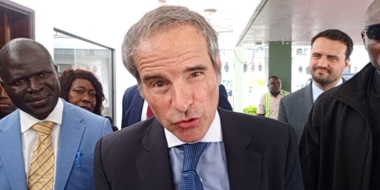 IAEA Director General Rafael Grossi speaks to reporters during his first official visit to Liberia, flanked by EPA and Foreign Ministry officials.