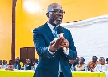 Rep. Jeremiah Sokan addresses constituents at Zwedru City Hall, presenting his legislative report and 2025 vision for Grand Gedeh District #1 development.
