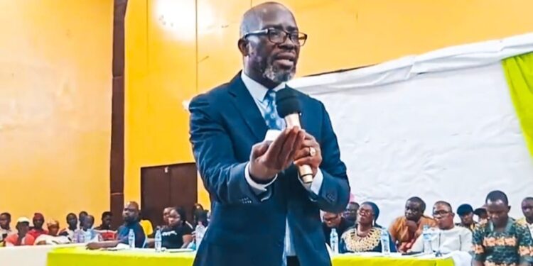 Rep. Jeremiah Sokan addresses constituents at Zwedru City Hall, presenting his legislative report and 2025 vision for Grand Gedeh District #1 development.