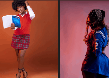 Liberian artist Su Sie poses in two contrasting outfits—on the left, dressed in a red schoolgirl-style outfit holding a book against an orange background, and on the right, wearing a blue jersey and bandana with a moody, stage-lit purple backdrop—symbolizing her transformation and versatility as a rising music star.