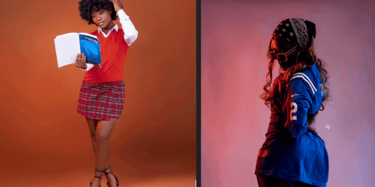 Liberian artist Su Sie poses in two contrasting outfits—on the left, dressed in a red schoolgirl-style outfit holding a book against an orange background, and on the right, wearing a blue jersey and bandana with a moody, stage-lit purple backdrop—symbolizing her transformation and versatility as a rising music star.