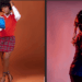 Liberian artist Su Sie poses in two contrasting outfits—on the left, dressed in a red schoolgirl-style outfit holding a book against an orange background, and on the right, wearing a blue jersey and bandana with a moody, stage-lit purple backdrop—symbolizing her transformation and versatility as a rising music star.