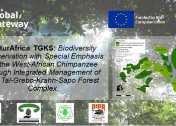 Poster for NaturAfrica TGKS biodiversity project funded by the European Union, highlighting West African chimpanzee conservation in the Taï-Grebo-Krahn-Sapo forest complex