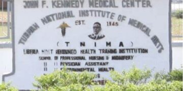 Tubman National Institute of Medical Arts (TNIMA) signboard at JFK Medical Center, marking Liberia’s premier health training institution poised for transformation.