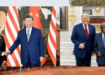 Liberian President Joseph Boakai pictured with Chinese President Xi Jinping and U.S. President Donald Trump, reflecting his diplomatic balancing act over Liberia’s mineral future