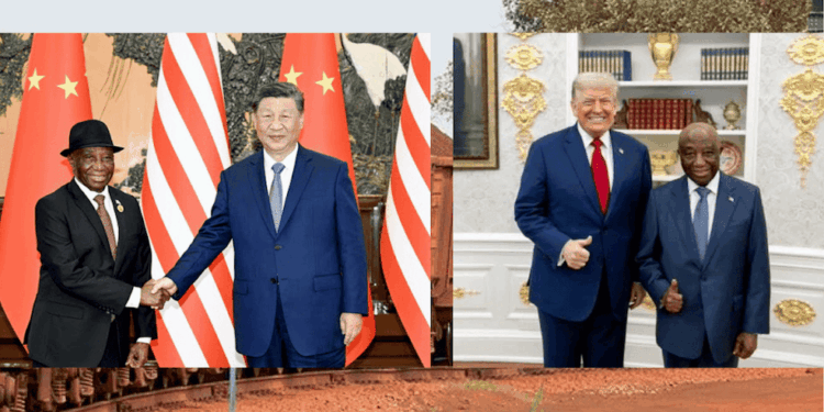 Liberian President Joseph Boakai pictured with Chinese President Xi Jinping and U.S. President Donald Trump, reflecting his diplomatic balancing act over Liberia’s mineral future