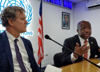 UNICEF Regional Director Gilles Fagninou and UNICEF Liberia Representative Andy Brooks during a media briefing at the One UN House in Monrovia