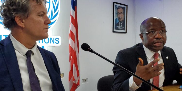 UNICEF Regional Director Gilles Fagninou and UNICEF Liberia Representative Andy Brooks during a media briefing at the One UN House in Monrovia