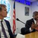 UNICEF Regional Director Gilles Fagninou and UNICEF Liberia Representative Andy Brooks during a media briefing at the One UN House in Monrovia