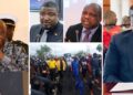 Photo collage of President Joseph Boakai, Senator Amara Konneh, Deputy Information Minister Daniel Sando, and former Finance Minister Samuel Tweah alongside scenes from the July 17 protest in Monrovia