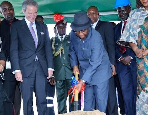 President Joseph Boakai breaking ground for Liberia’s first radiotherapy center alongside IAEA Director General Rafael Grossi and senior government officials