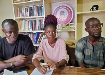 Civil society and student group representatives, including Books Before Boys, address the press in Monrovia following President Boakai’s veto of the Port Decentralization Act.