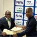 Tubman University President Dr. Olu Q. Menjay and LFA President Mustapha Raji sign agreement launching Liberia’s first football coaching diploma program.