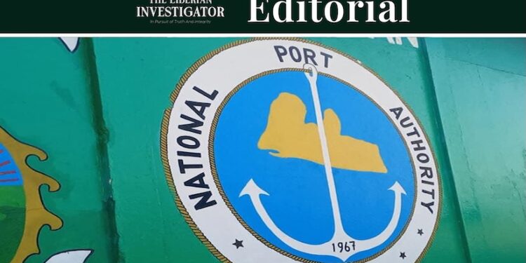 Editorial banner from The Liberian Investigator featuring the official seal of the National Port Authority of Liberia, symbolizing the paper’s stance on President Boakai’s veto of the controversial port decentralization bills.
