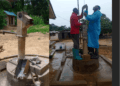 Side-by-side image showing a damaged hand pump and technicians from the Binda Foundation repairing a pump to restore clean water access in Smith Town, Gbarpolu County.