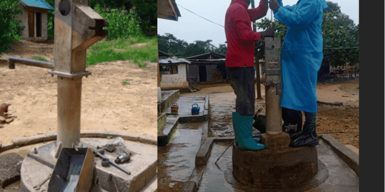 Side-by-side image showing a damaged hand pump and technicians from the Binda Foundation repairing a pump to restore clean water access in Smith Town, Gbarpolu County.