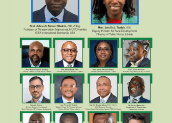 Group photo of global transport leaders, ministers, and academics participating in Liberia’s ICTA2025 transport summit, including officials from Liberia, Ghana, Nigeria, USA, and Australia.