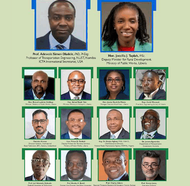 Group photo of global transport leaders, ministers, and academics participating in Liberia’s ICTA2025 transport summit, including officials from Liberia, Ghana, Nigeria, USA, and Australia.