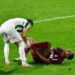 Liberian striker Mohammed Kamara grimaces in pain on the pitch after suffering a suspected fibula fracture during CFR Cluj’s match against Paksi in the Romanian top flight.