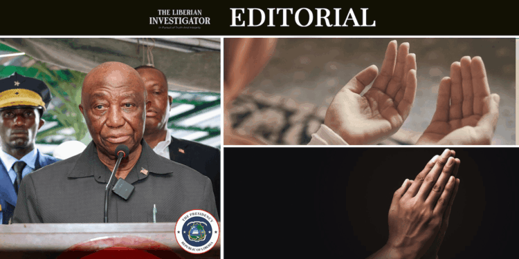 Editorial collage featuring President Joseph Boakai, the Liberian seal, and symbolic prayer images, representing national reflection during Liberia’s July 30, 2025 Day of Prayer.