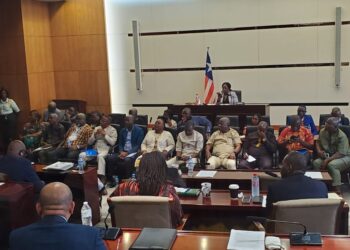 Liberian Senate in heated plenary session with county superintendents and CSOs, discussing local governance failures and legislative oversight.