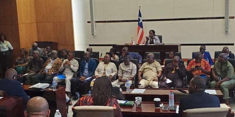Liberian Senate in heated plenary session with county superintendents and CSOs, discussing local governance failures and legislative oversight.