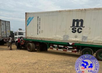 Liberia Ministry of Health trucks loaded with medical supplies for Q3 distribution, positioned for early deployment ahead of planned road closures in July 2025.