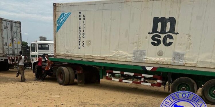 Liberia Ministry of Health trucks loaded with medical supplies for Q3 distribution, positioned for early deployment ahead of planned road closures in July 2025.