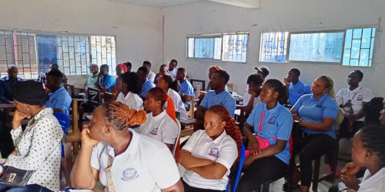 Students attend the launch of the Melton Yoko Empowerment Institute in Paynesville’s District #6, Liberia, aimed at providing youth with vocational training in IT, business, health, and more.