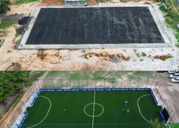 Before-and-after aerial views of a FIFA-funded mini-football pitch site in Liberia under the Arena Project, showing transformation from soil base to synthetic turf.