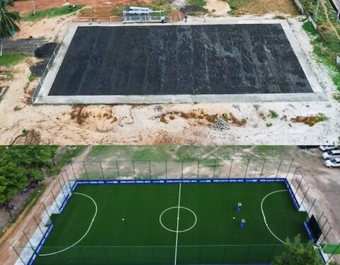 Before-and-after aerial views of a FIFA-funded mini-football pitch site in Liberia under the Arena Project, showing transformation from soil base to synthetic turf.