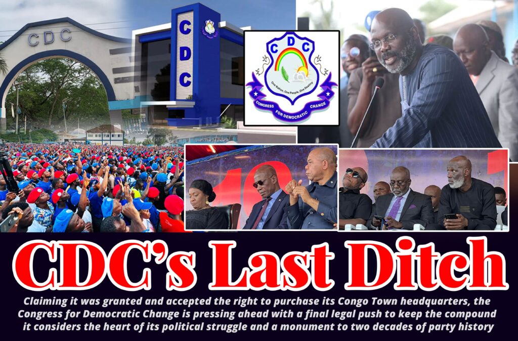 Collage of CDC headquarters, leaders, and supporters during final legal battle over Congo Town property