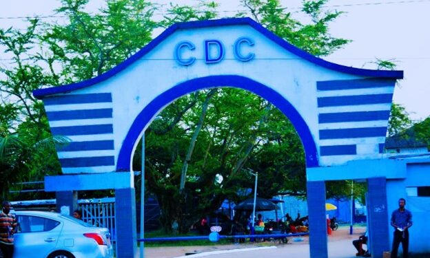 Main entrance arch of the Congress for Democratic Change (CDC) headquarters in Monrovia, Liberia, at the center of a court-ordered eviction dispute
