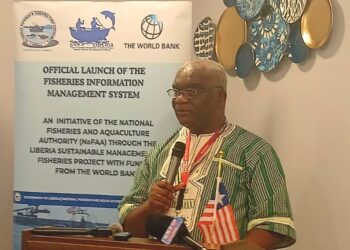 Liberia Revenue Authority Commissioner General James Dorbor Jallah delivers keynote remarks at the launch of NaFAA’s Fisheries Information Management System in Monrovia.