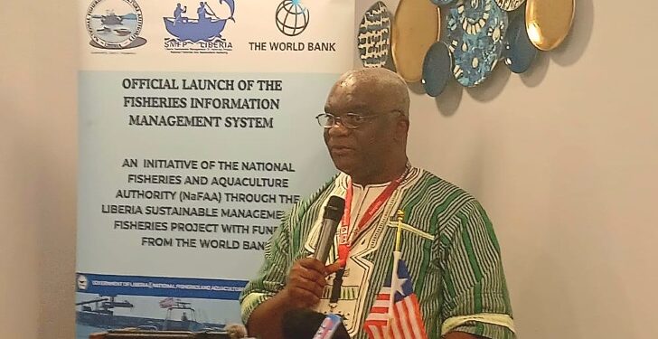 Liberia Revenue Authority Commissioner General James Dorbor Jallah delivers keynote remarks at the launch of NaFAA’s Fisheries Information Management System in Monrovia.