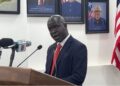 EPA Executive Director Dr. Emmanuel Urey Yarkpawolo speaks at the Ministry of Information about Liberia’s draft carbon trading policy.