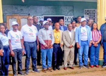 ECOWAS Parliament delegates, LDEA officials, and security personnel pose during a high-level visit to the Liberia Drug Enforcement Agency headquarters in Monrovia.