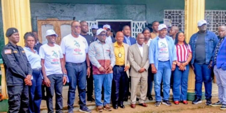 ECOWAS Parliament delegates, LDEA officials, and security personnel pose during a high-level visit to the Liberia Drug Enforcement Agency headquarters in Monrovia.