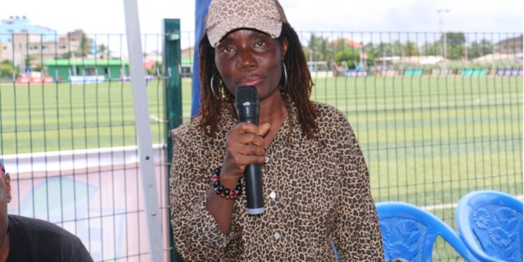 Elizabeth Gbah Johnson, Country Director of ActionAid Liberia, delivers remarks at International Youth Day peace sport tournament in Monrovia.
