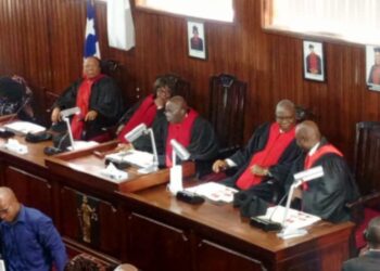 Liberian Supreme Court justices in session as Chief Justice Yamie Quiqui Gbeisay pledges judiciary reforms and performance-based leadership