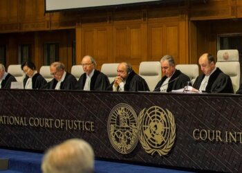 ICJ judges seated at the International Court of Justice in The Hague during the July 2025 climate advisory opinion hearing.