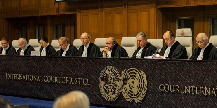 ICJ judges seated at the International Court of Justice in The Hague during the July 2025 climate advisory opinion hearing.