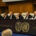ICJ judges seated at the International Court of Justice in The Hague during the July 2025 climate advisory opinion hearing.