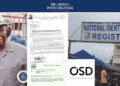President Joseph Boakai, PPCC rejection letter, OSD International logo, and National Identification Registry building — central to Liberia’s $44M biometric ID controversy.