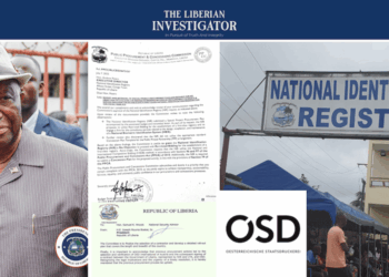 President Joseph Boakai, PPCC rejection letter, OSD International logo, and National Identification Registry building — central to Liberia’s $44M biometric ID controversy.