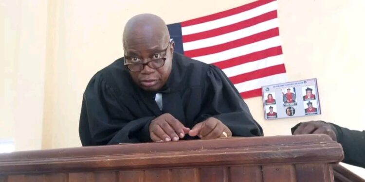 Resident Judge Boimah Kontoe of the Ninth Judicial Circuit Court delivers remarks in Bong County, calling for a special court to fast-track drug-related cases.