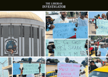 A protest collage showing Liberian citizens holding placards against the LTM traffic deal, with slogans calling for justice, lower fees, and restoration of traffic authority to the Ministry of Transport, alongside an image of the Capitol Building.