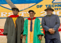Liberia Maritime Authority Commissioner Neto Zarzar Lighe at Tubman University convocation, urging students to embrace visionary thinking.