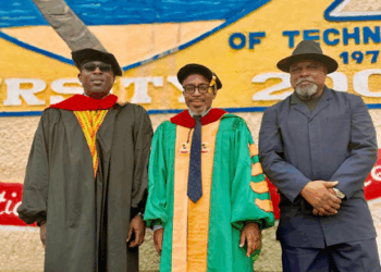 Liberia Maritime Authority Commissioner Neto Zarzar Lighe at Tubman University convocation, urging students to embrace visionary thinking.