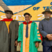 Liberia Maritime Authority Commissioner Neto Zarzar Lighe at Tubman University convocation, urging students to embrace visionary thinking.